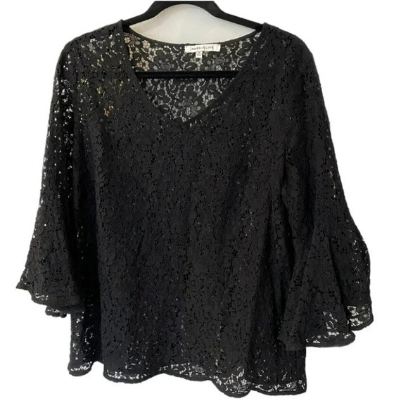 Rose & Olive Black Lace Blouse V-neck 3/4 Bell sleeve‎ Whimsigoth Vampy Size 1X - Picture 2 of 6